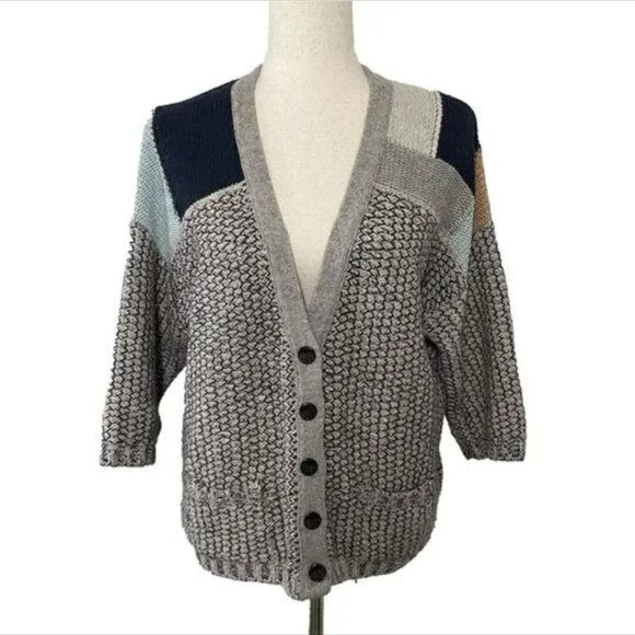 ANTHRO - SPARROW | Cropped Colorblock Patchwork Knit Cardigan | Medium - Picture 2 of 6